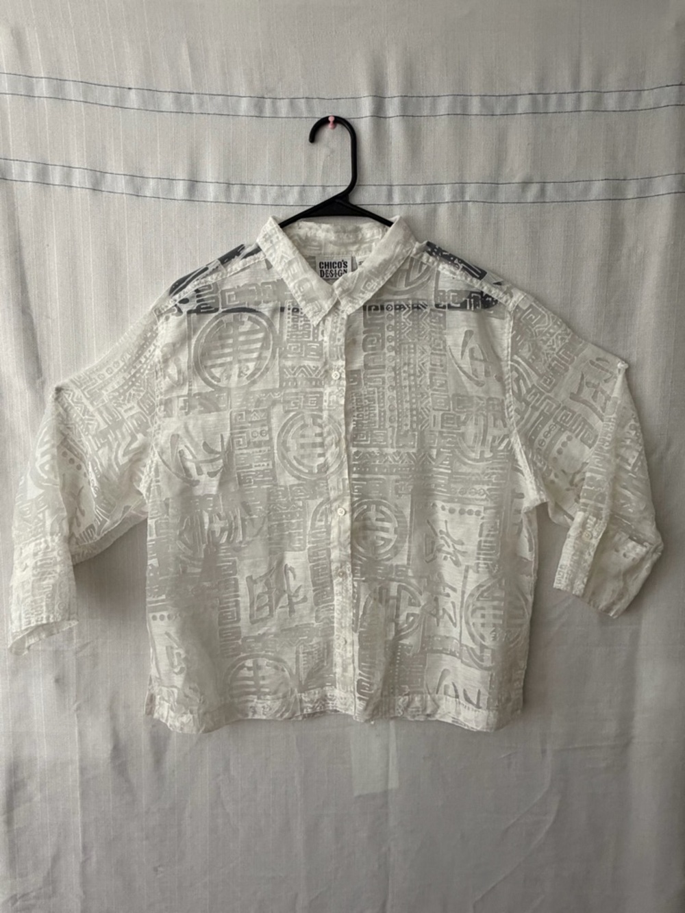 Chico’s Size 2 Design White Sheer Linen Blend Shirt Textured Button-Up Top(A570)